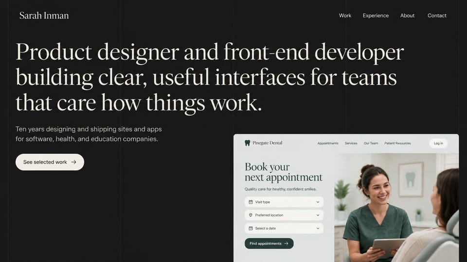 Developer portfolio website design, front-end developer with a client site preview: dark charcoal page with fine vertical lines, a large ivory serif headline and a dental booking site preview