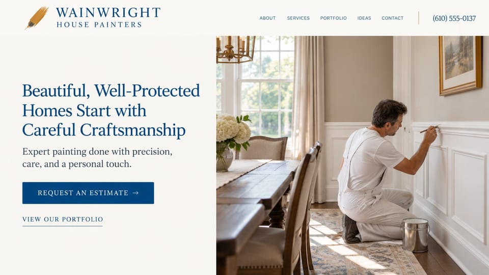 Painting website design, careful trim and interior painting, split layout: cream page, a navy serif headline and a navy estimate button beside a photo of a painter kneeling to brush white wainscoting in a dining room