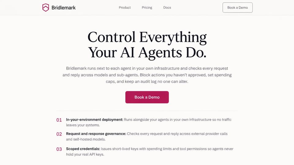 AI startup website design, agent control with a numbered feature list: off-white page, a large black serif headline, a magenta demo button and three numbered features in magenta