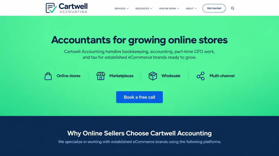 Accounting website design, bookkeeping and tax for online stores: white header, a bright green band with a bold navy headline, four channel icons and a blue call button, a navy band below