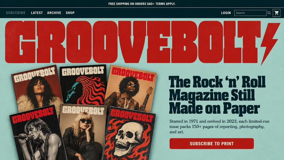 News and magazine website design, rock magazine with a fan of print covers: pale teal page, huge distressed red masthead with a lightning bolt, six fanned magazine covers of rock musicians and a skull, dark slab serif headline, red subscribe button
