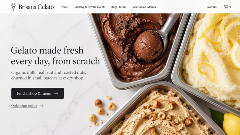 Bakery website design, gelato shop with tubs seen from above: white header, a dark serif headline on marble, a black shop finder button and overhead tubs of chocolate, lemon and hazelnut gelato