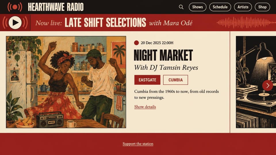 Radio station website design, world and vintage music radio in illustration: dark header, a deep red live banner in condensed type, a cream show card with a painted couple dancing in a kitchen, a black condensed title and red genre tags