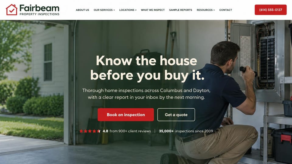 Home inspector website design, centered headline over a garage panel check: dark green overlay on a garage with an inspector checking an electrical panel, cream headline, a red book button and an outlined quote button, red stars