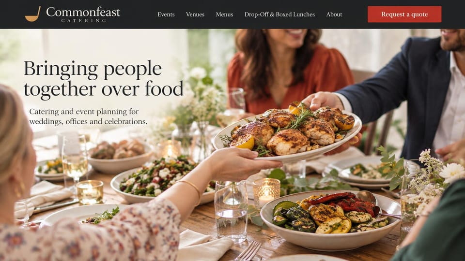 Catering website design, catering and drop-off lunches around a sunny table: charcoal header with a red quote button over a bright photo of guests passing a platter of grilled chicken, a black serif headline at left