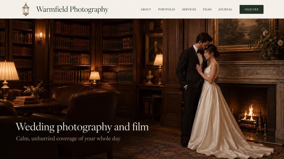 Wedding photographer website design, photo and film studio by a library fireplace: cream menu bar with a lantern logo and a dark green inquire button, a bride and groom embracing by a fireplace in a dark wood library, a white serif headline at lower left