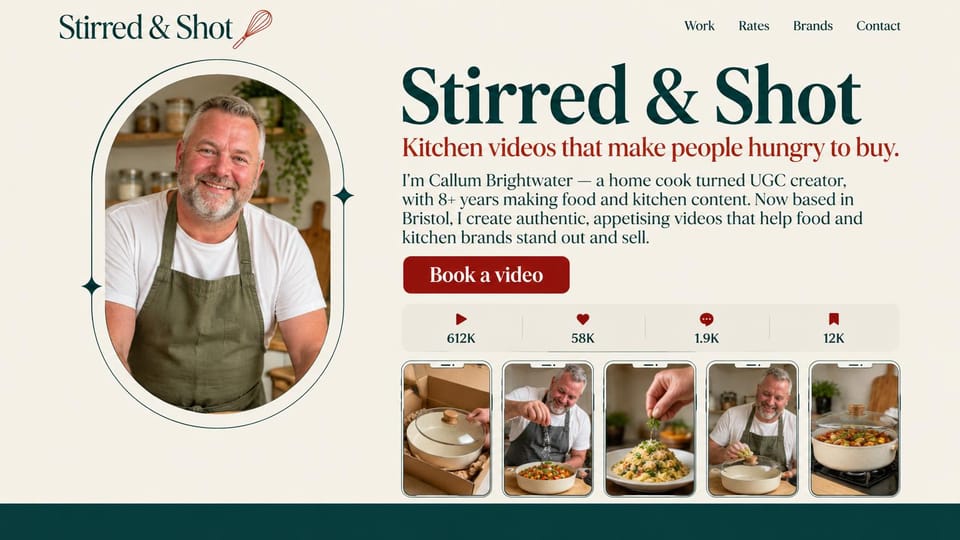 UGC portfolio website design, food UGC with stats and phone-shaped clips: cream page, dark green serif name and red subhead, an oval portrait of a smiling man in an apron, five phone-shaped food clips