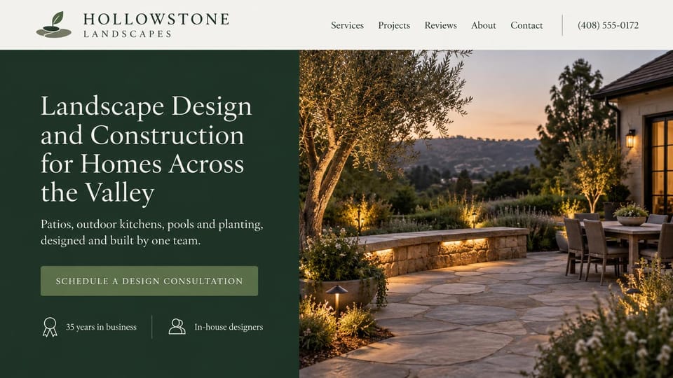Landscaping website design, design and construction in a deep green panel: cream header, a deep green panel with a white serif headline and a sage consultation button beside a stone patio and olive tree lit at dusk