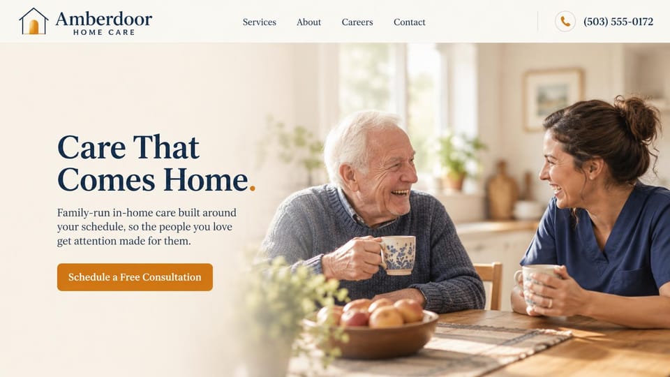Home care website design, family-run home care in cream and warm orange: cream page, a large dark serif headline with an orange period, an orange consultation button and an older man laughing over tea with a caregiver at a kitchen table