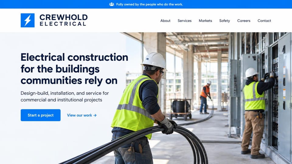 Electrician website design, employee-owned contractor on a bright jobsite: blue top bar, white header, a pale panel with a navy headline and a blue button, electricians in hard hats and hi-vis vests pulling cable on a bright jobsite