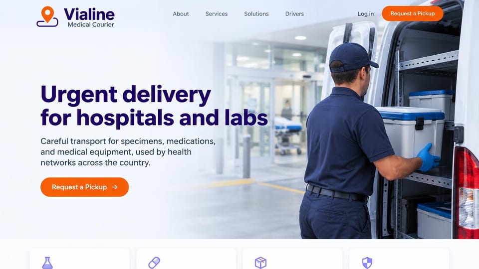Logistics website design, medical courier for hospitals and labs: pale blue page, navy headline, a courier in navy and blue gloves loading a medical cooler into van shelving outside a hospital, orange pickup button