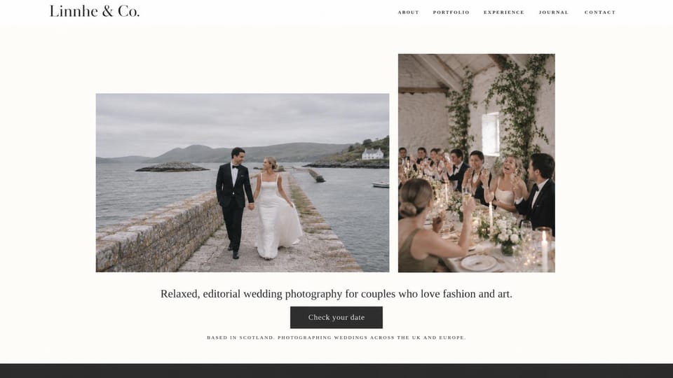 Wedding photographer website design, fashion-minded wedding photographer with two photos side by side: off-white page, a couple walking on a stone pier beside a photo of guests at a candlelit reception, a centered serif line and a black button