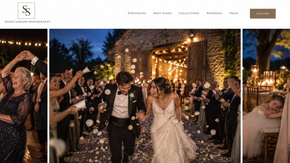 Photography website design, wedding with a night reception panorama: white page, a couple leaving a candlelit barn reception between two cropped wedding photos