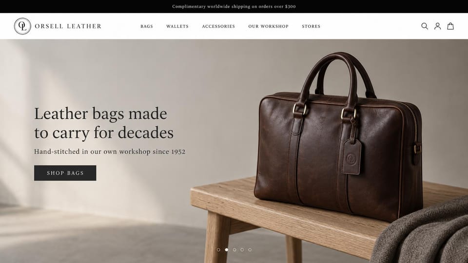 Fashion website design, leather bags and wallets with one hero bag: soft beige wall, a dark brown leather bag on a wooden bench, black serif headline and a black button with spaced capitals