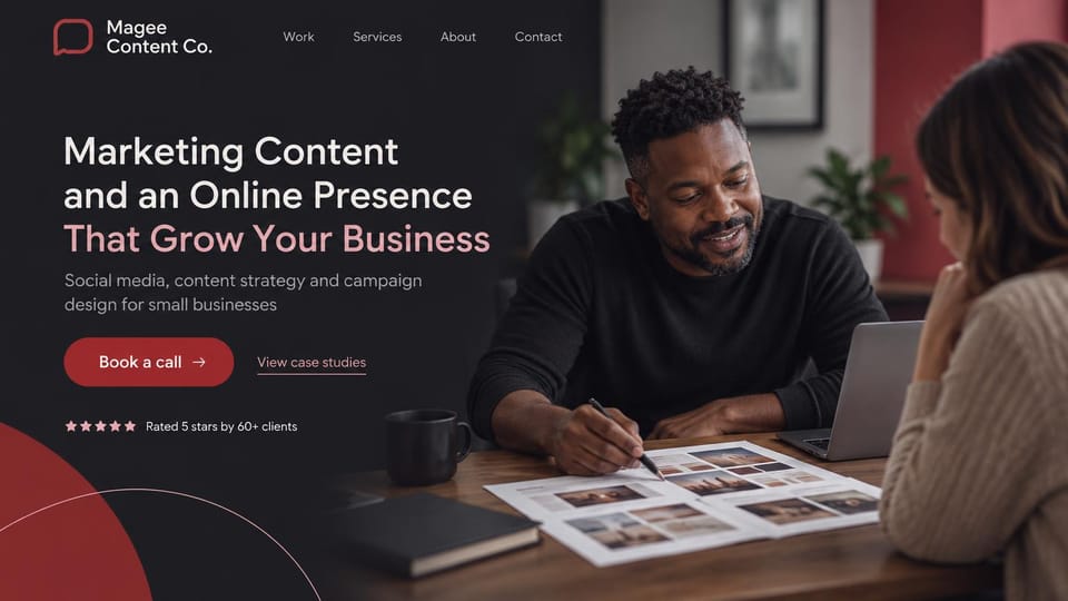 Marketing portfolio website design, small-business marketer meeting a client: charcoal panel with a white and blush sans headline, a red button and a man reviewing printed layouts with a client