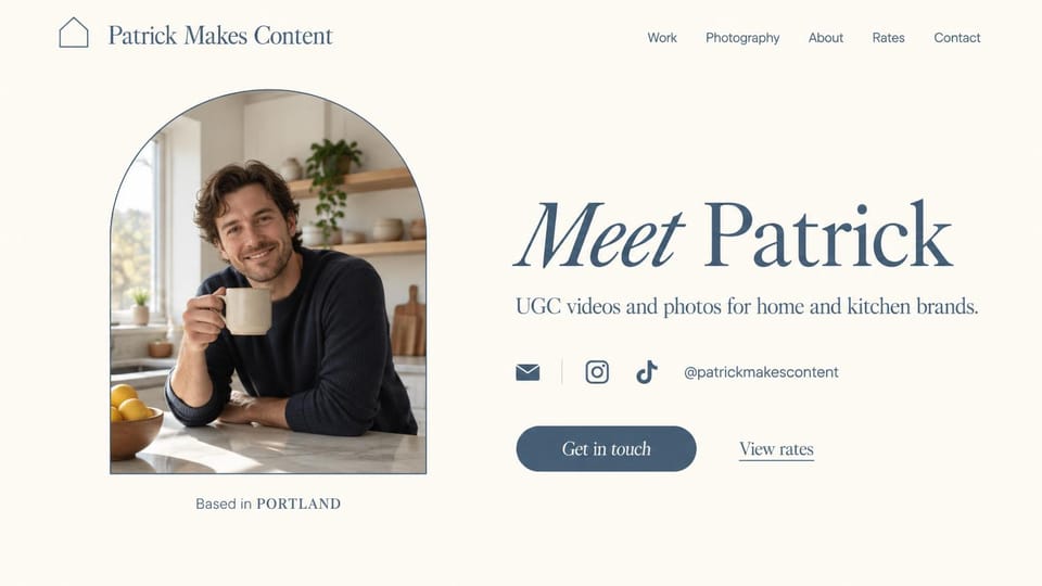 UGC portfolio website design, home and kitchen UGC in an arched frame: cream page, slate blue italic serif headline, an arched photo of a man with a mug in a kitchen