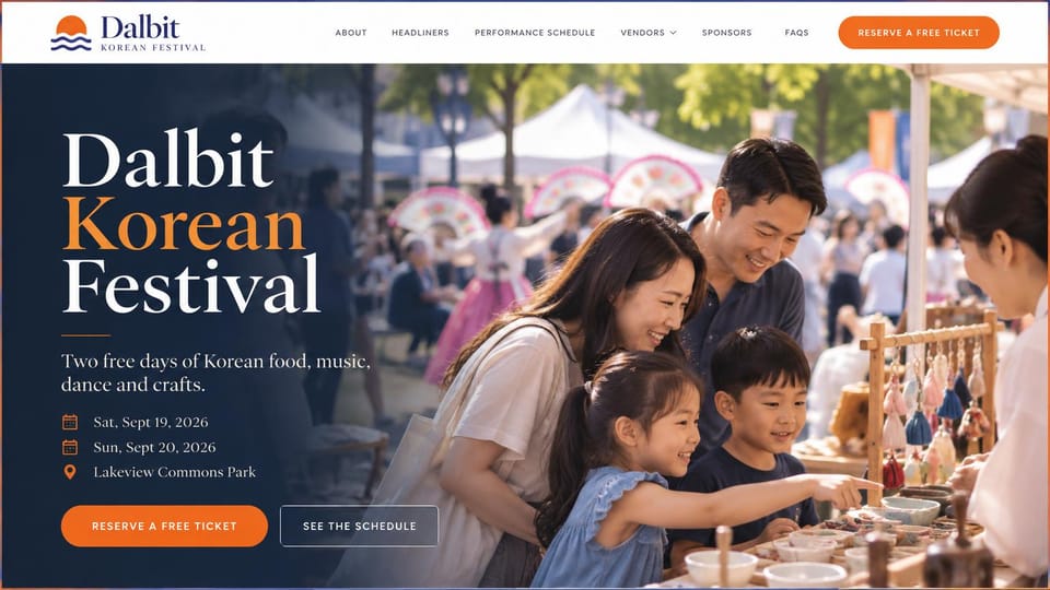 Event website design, korean culture festival with free ticket reservations: white header with an orange free ticket button, navy gradient panel with a white and orange serif headline, photo of a family at a ceramics stall with fan dancers in hanbok behind