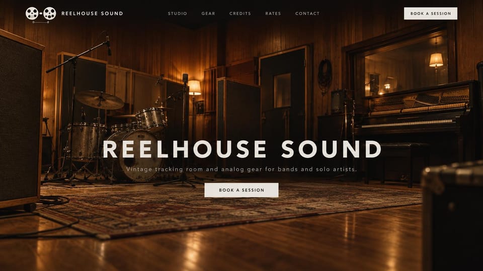 Recording studio website design, vintage tracking room in one wide shot: warm wood-paneled live room with drums, amps and an upright piano on a rug, the name in wide-spaced white capitals and a pale button