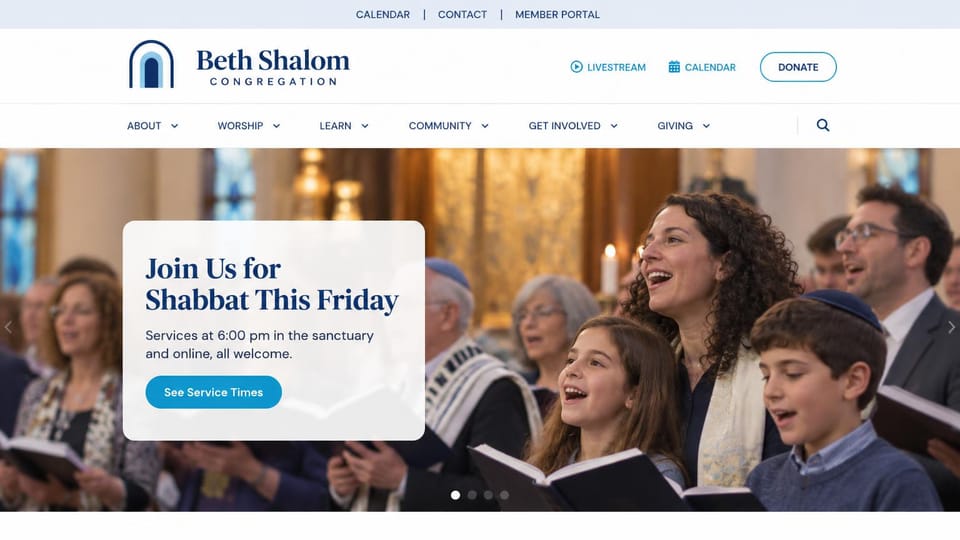 Church website design, synagogue with Shabbat in a welcome card: a congregation singing together, a white rounded card with a navy serif headline and a blue button