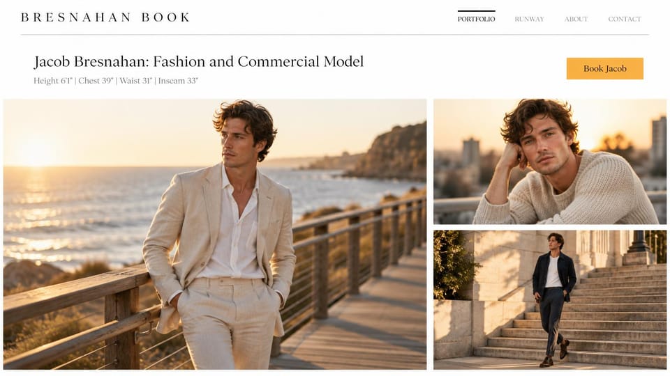 Model portfolio website design, male model with golden-hour coastal photos: white page, spaced black capitals, a serif headline, a stats line, a yellow-orange booking button and three golden-hour photos of a man in a cream linen suit by the sea