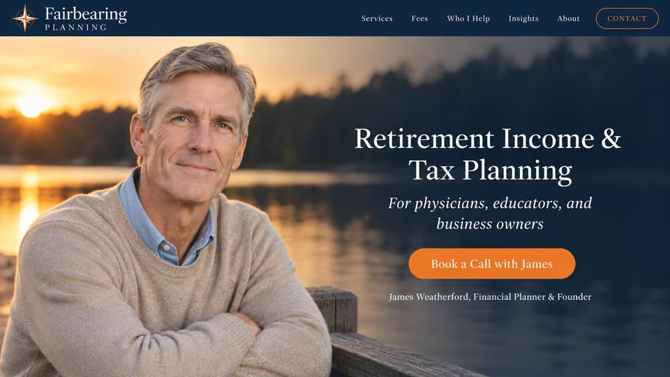 Financial advisor website design, solo retirement planner with a founder portrait: navy header, portrait of a gray-haired man at a sunset lake, white serif headline at right and orange pill button