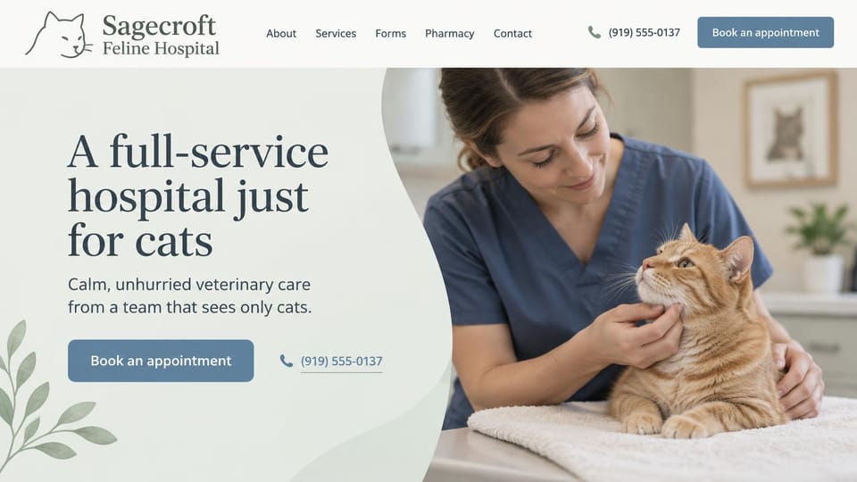 Veterinary website design, cat hospital with a curved sage panel: pale sage panel with a curved edge and leaves, gray-blue serif headline, a vet in blue scrubs stroking an orange cat on a towel, slate book button