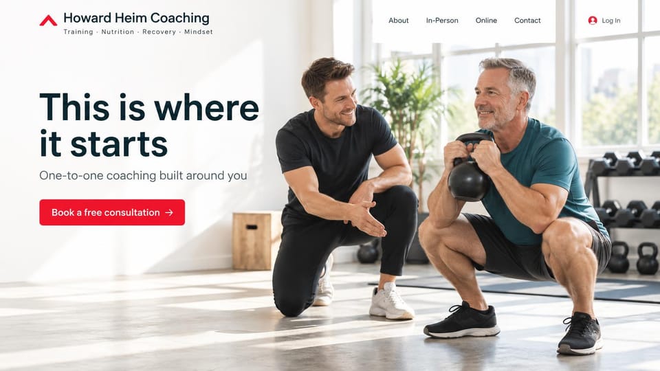 Personal trainer website design, training, nutrition and mindset coaching in a sunlit studio: white page, a sunlit studio photo of a coach kneeling beside a gray-haired man in a kettlebell squat, a large dark headline, a red consultation button