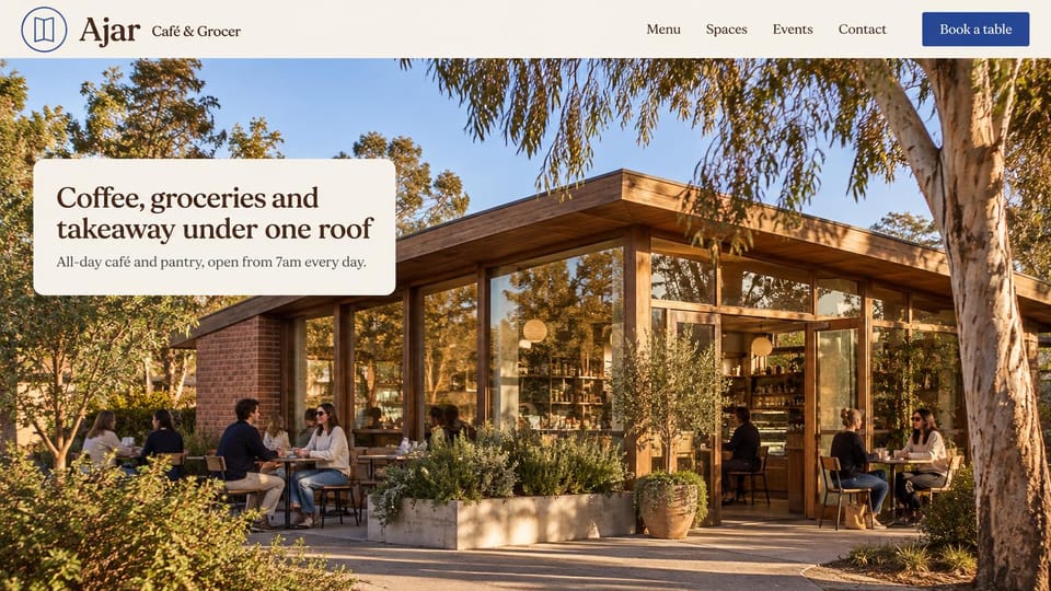 Business website design, cafe and grocer in a garden pavilion: a wood and glass cafe among eucalyptus trees with people at outdoor tables, a cream card with a dark serif headline and a navy book a table button