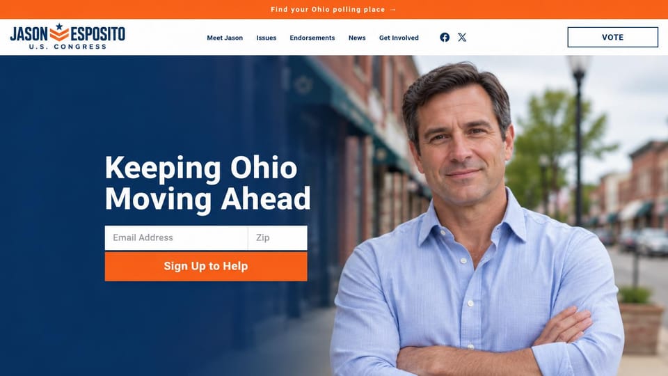 Political campaign website design, congressional race with a polling place bar: orange top bar, white header, a navy side with a white headline and orange signup button, a man in a blue shirt on a main street