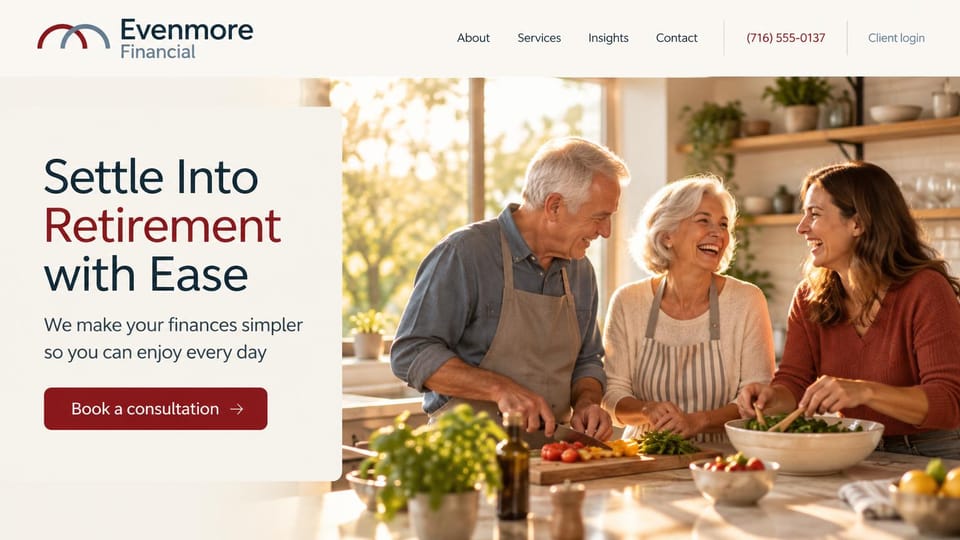 Financial advisor website design, retirement planning with family in the kitchen: cream panel with a navy and burgundy sans serif headline and burgundy button beside a family cooking together in a sunny kitchen