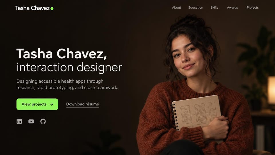 Resume website design, interaction designer with a sketchbook of wireframes: dark brown page, a white name with a light role line, a lime projects button, a résumé link and a woman in a rust sweater hugging a sketchbook of phone wireframes