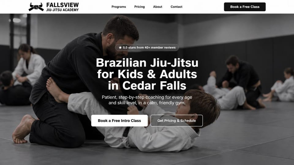 Martial arts website design, jiu-jitsu for kids and adults with a coach on the mat: white header, a grayscale photo of a coach in a black gi drilling with a boy on the mat, centered white headline, a review pill, white and outlined buttons