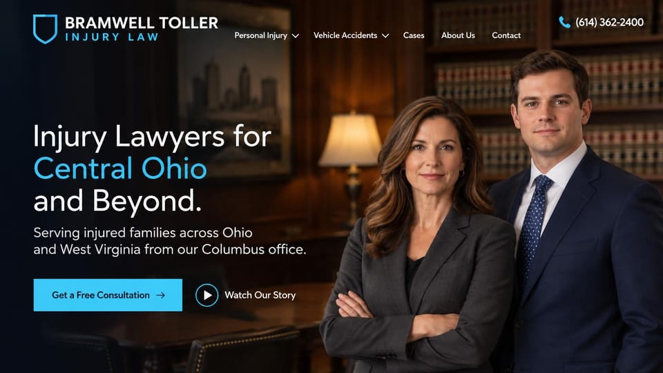 Law firm website design, regional injury firm in a law library: navy and bright blue, two attorneys in a law library beside a large headline