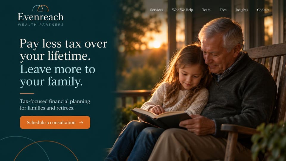 Financial advisor website design, tax-focused planning with a grandparent reading: deep teal panel, cream serif headline, orange button and a sunset porch photo of a grandfather reading to a girl
