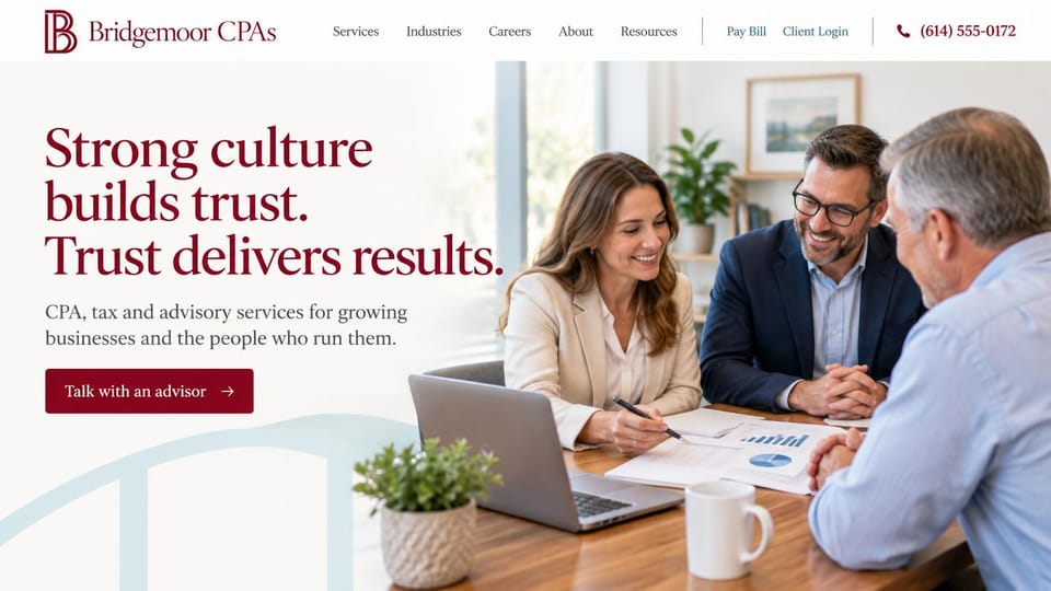 Accounting website design, cPA and advisory firm with a burgundy serif promise: white page, a large burgundy serif headline, a burgundy advisor button, pale blue arch lines, three advisors and a client talking around a table with a laptop and printed charts