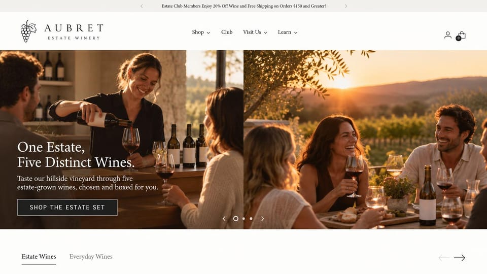 Winery and brewery website design, winery selling a boxed estate set: white header with a vine mark, two warm photos of a woman pouring wine and friends toasting at sunset, a white serif headline and an outlined button, tabs underneath