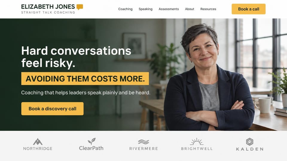 Coaching website design, leadership coaching with client logos: dark green overlay on a coach by a window, a yellow highlighted line and a row of gray client logos