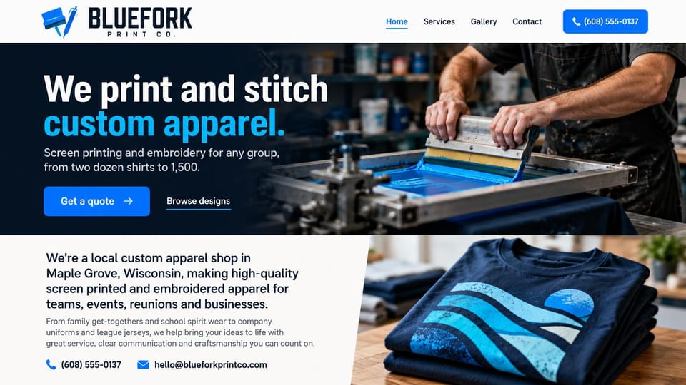 Printing website design, custom apparel for teams, events and reunions: white header, a navy hero with a white and bright blue headline, a blue quote button, a screen print in blue ink and folded navy shirts below