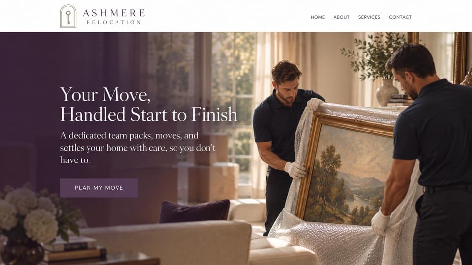 Moving company website design, full-service packing and relocation, quiet and refined: plum overlay on a photo of two movers wrapping a gilt-framed painting in a living room, a white serif headline, a plum plan button and a minimal white menu