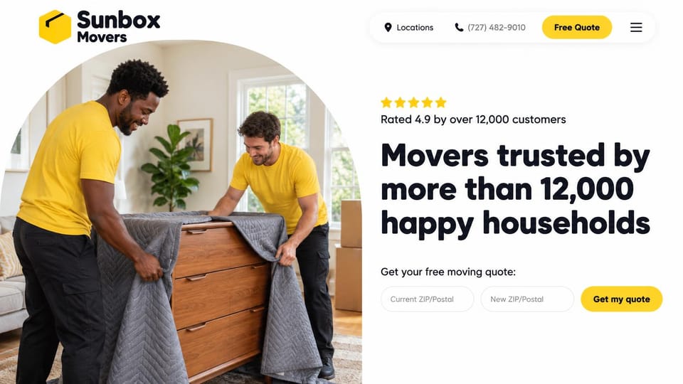 Moving company website design, home movers in sunny yellow with a ZIP code quote: white page with black type and yellow, an arched photo of two movers in yellow shirts draping a blanket over a dresser, two ZIP code fields and a yellow button