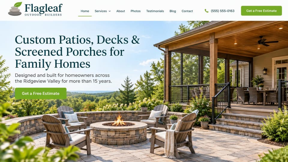 Landscaping website design, patios, decks and screened porches: white header with a green estimate button, bright photo of a paver patio with a fire pit and chairs beside a covered screened porch, dark green serif headline at the upper left