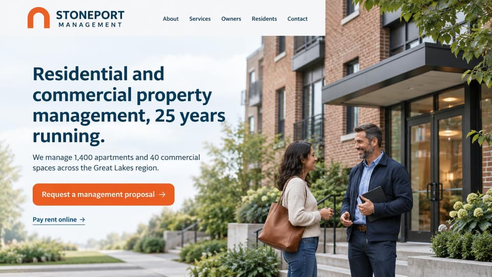 Property management website design, residential and commercial management with a rent link: white page, orange arch logo and navy caps name, a navy headline, an orange proposal button and pay rent link, a manager with a tablet talking with a resident outside a brick building