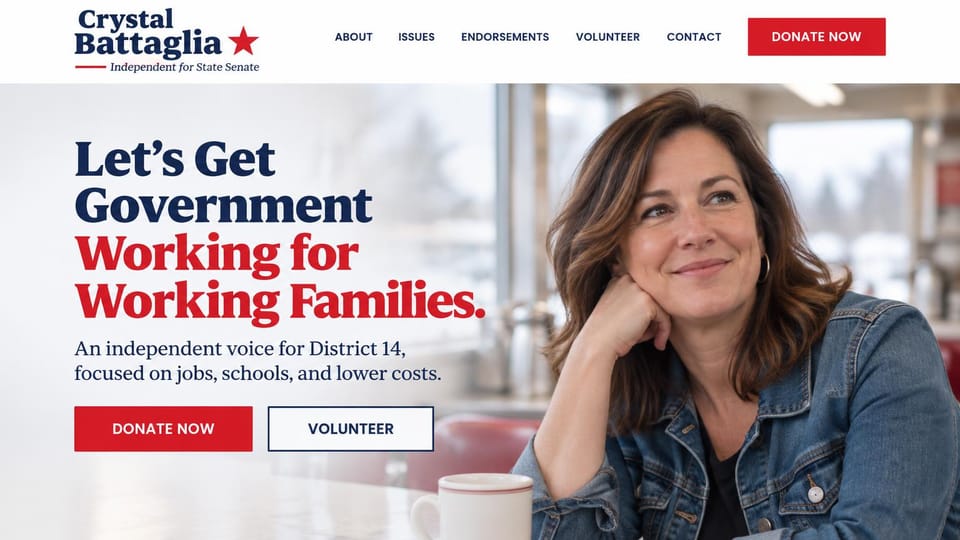 Political campaign website design, state senate from a diner booth: white header, a red and navy serif headline on a soft white fade, a woman in a denim jacket resting her chin on her hand in a diner