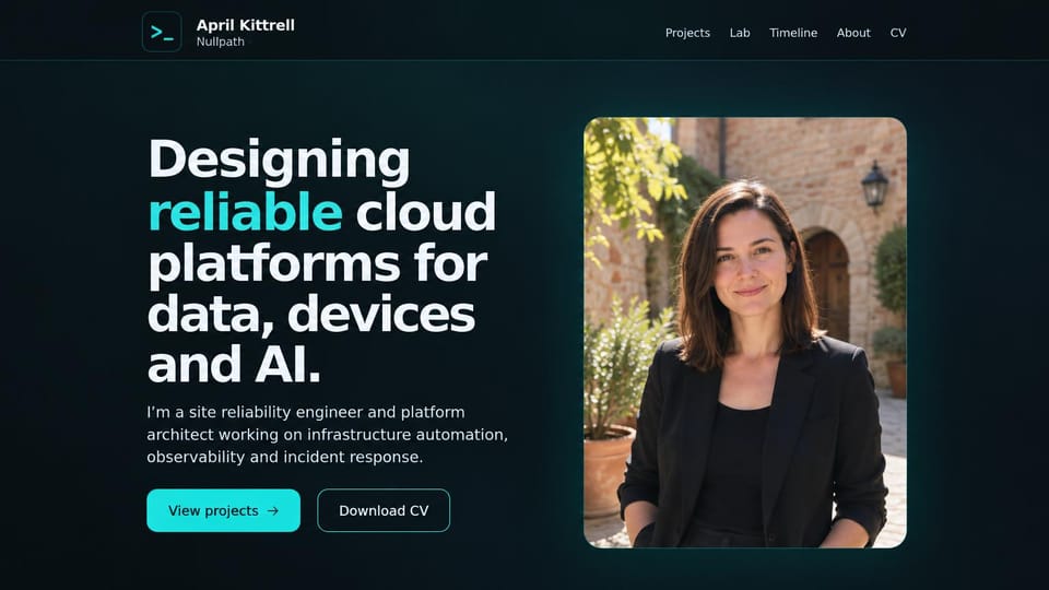 Personal website design, platform engineer with a CV download: dark navy page, a large white and teal headline beside a portrait of a woman in a stone courtyard