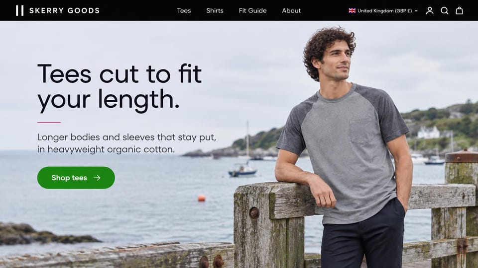 Fashion website design, tall-fit tees on a weathered harbor rail: black header, an overcast harbor with a curly-haired man in a gray raglan tee leaning on a weathered wooden rail, a dark headline with a magenta rule and a green pill button