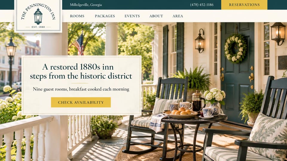 Bed and breakfast website design, historic district inn with a phone bar: a sunny front porch with rocking chairs and coffee, a teal top bar, an ivory panel with serif headline, yellow button