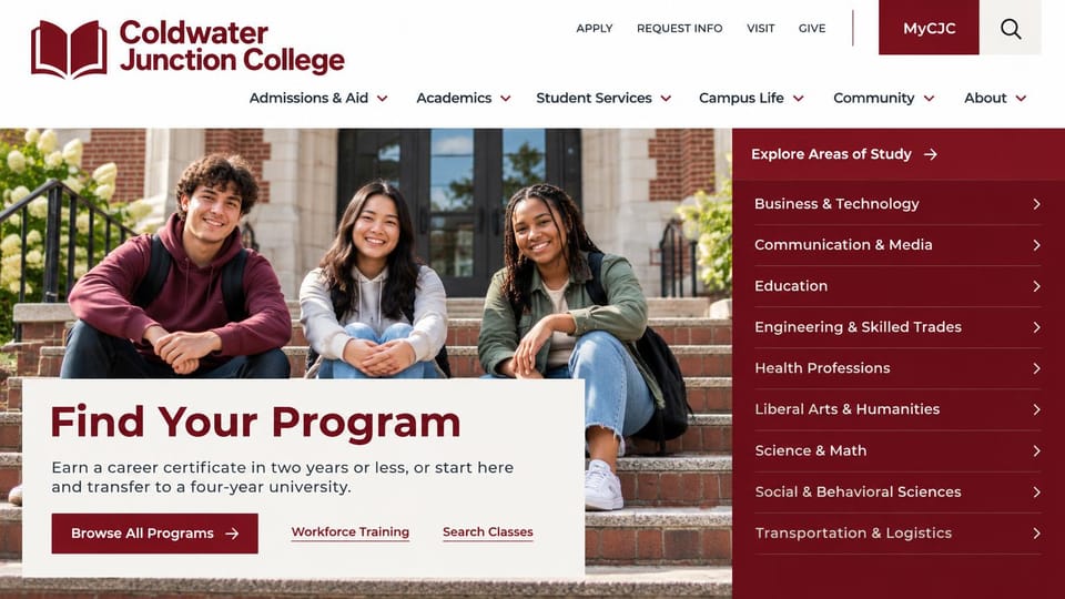 School website design, community college with programs on the side: white header, students on brick steps behind a cream program card, a maroon list of study areas on the right