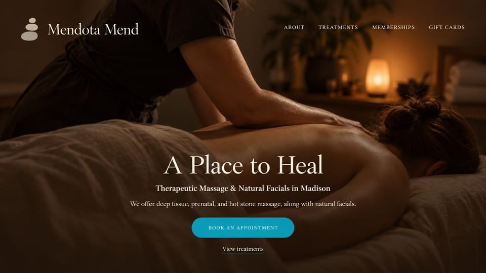 Massage therapist website design, massage and facials with a centered welcome: dark amber photo of a back massage, a centered cream serif headline and a bright teal button