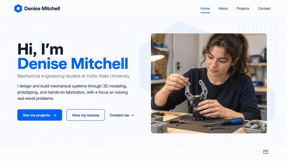Engineering portfolio website design, mechanical engineering student in bright blue: white page, a bold black and blue headline, a blue button and a student assembling a gray robot gripper at a workbench