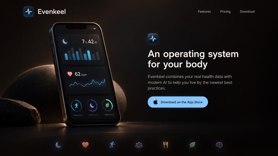 Mobile app website design, health tracker in moody low light: dark brown stones, a glowing phone with sleep and heart rate, white headline and a light blue button